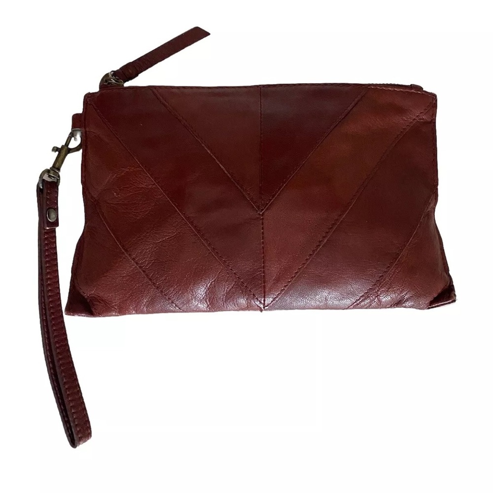 SOLD! EUC Lucky Brand Rayla Burgandy Brown Chevron Leather Wristlet Clutch - Picture 2 of 14